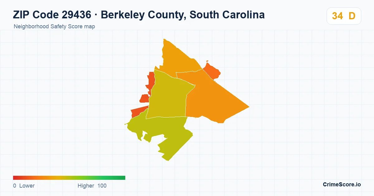 ZIP Code 29436 in Berkeley County, South Carolina neighborhood Safety Score map