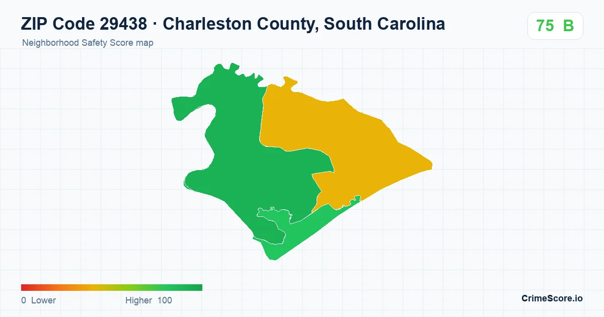 ZIP Code 29438 in Charleston County, South Carolina neighborhood Safety Score map