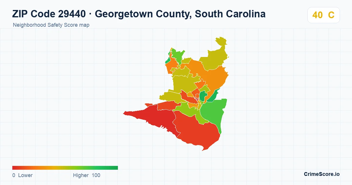ZIP Code 29440 in Georgetown County, South Carolina neighborhood Safety Score map