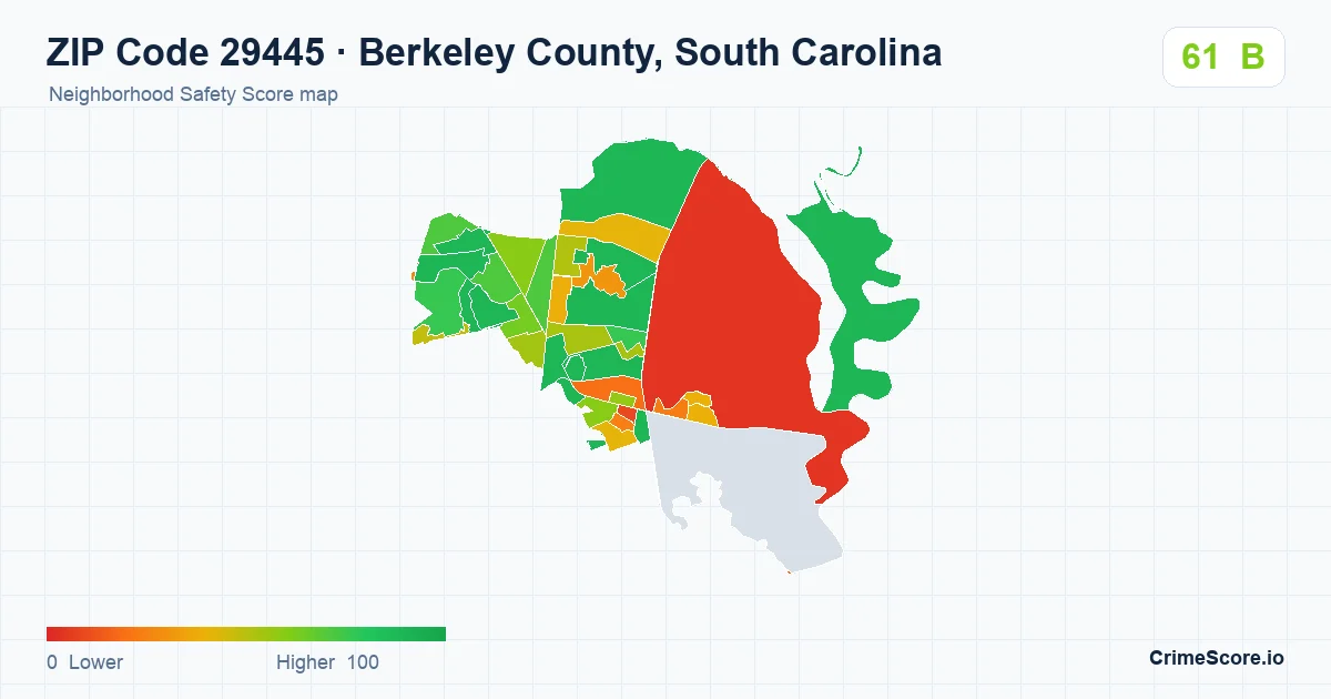 ZIP Code 29445 in Berkeley County, South Carolina neighborhood Safety Score map