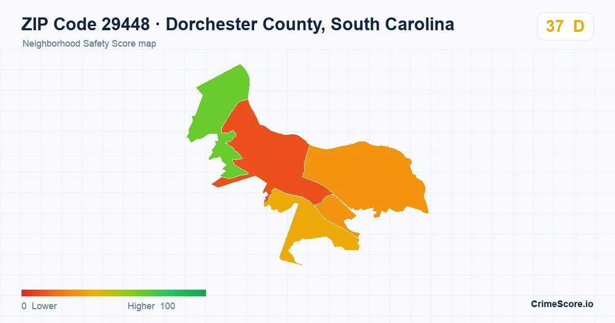 ZIP Code 29448 in Dorchester County, South Carolina neighborhood Safety Score map