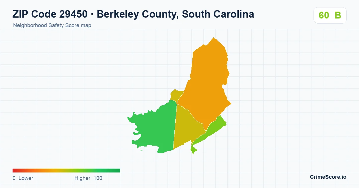 ZIP Code 29450 in Berkeley County, South Carolina neighborhood Safety Score map