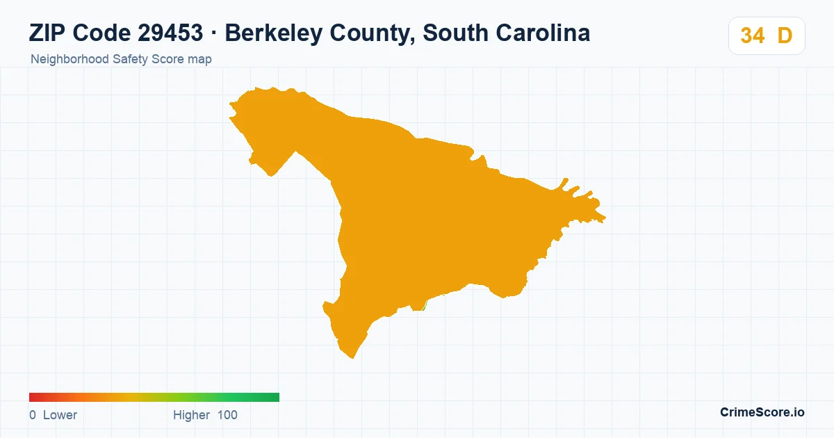 ZIP Code 29453 in Berkeley County, South Carolina neighborhood Safety Score map