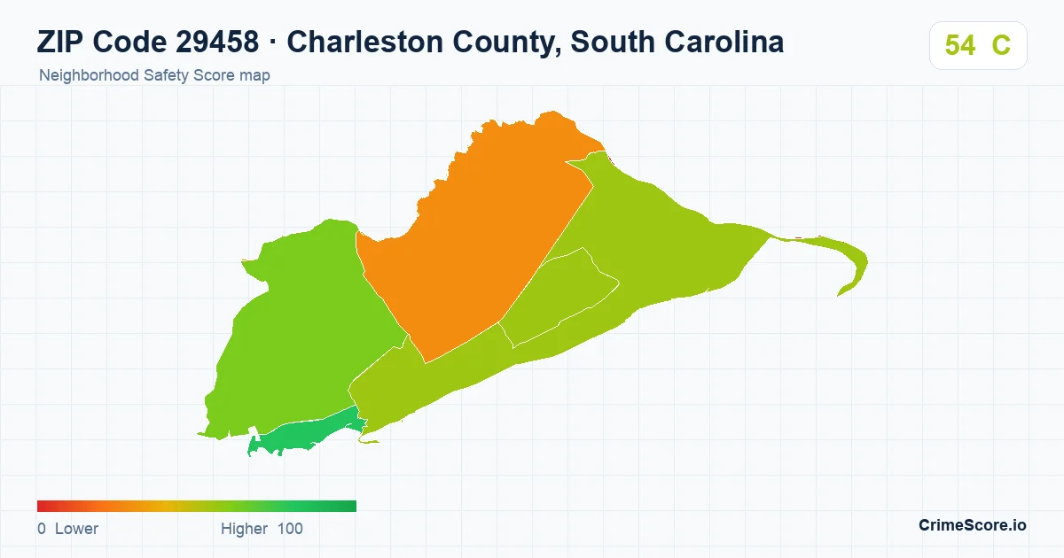ZIP Code 29458 in Charleston County, South Carolina neighborhood Safety Score map