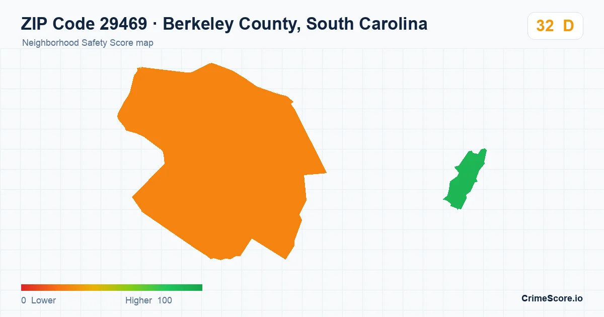 ZIP Code 29469 in Berkeley County, South Carolina neighborhood Safety Score map