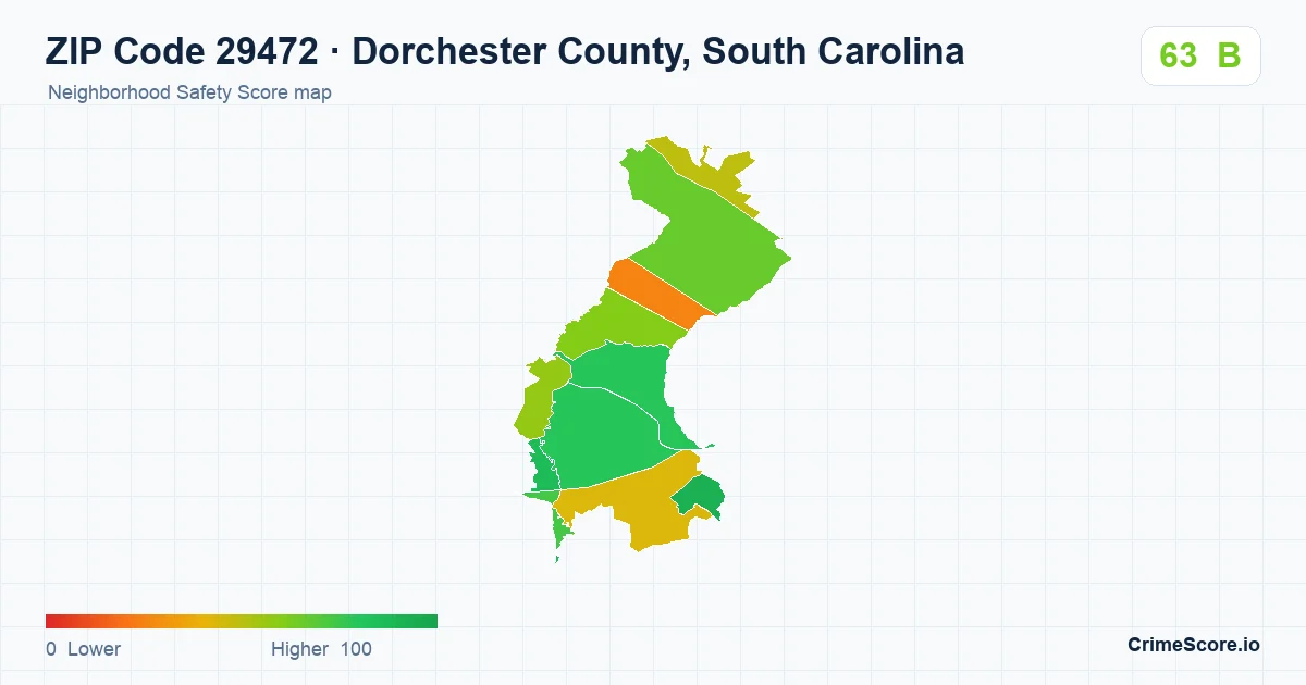 ZIP Code 29472 in Dorchester County, South Carolina neighborhood Safety Score map