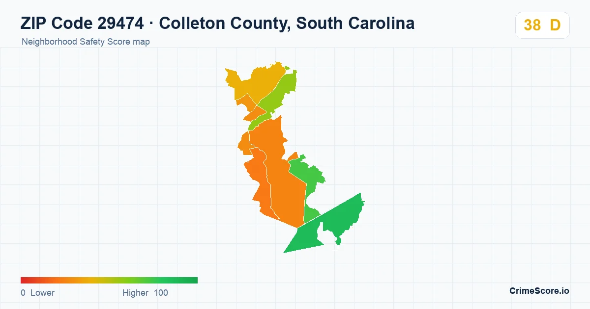 ZIP Code 29474 in Colleton County, South Carolina neighborhood Safety Score map