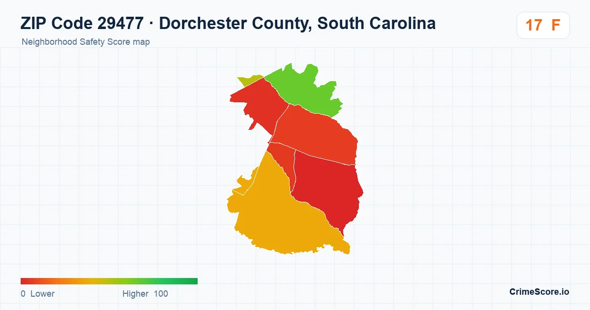 ZIP Code 29477 in Dorchester County, South Carolina neighborhood Safety Score map