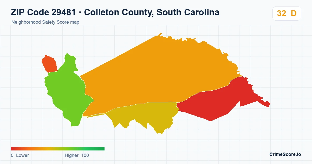 ZIP Code 29481 in Colleton County, South Carolina neighborhood Safety Score map