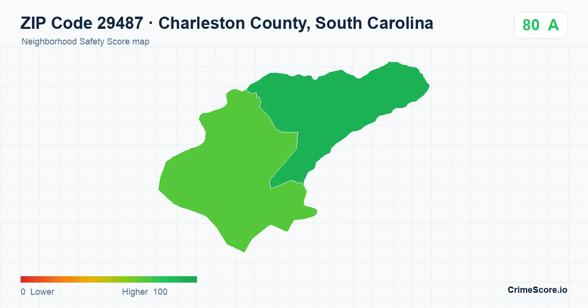 ZIP Code 29487 in Charleston County, South Carolina neighborhood Safety Score map