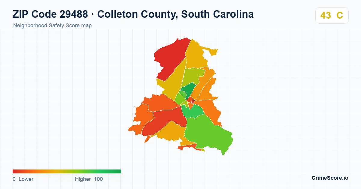 ZIP Code 29488 in Colleton County, South Carolina neighborhood Safety Score map