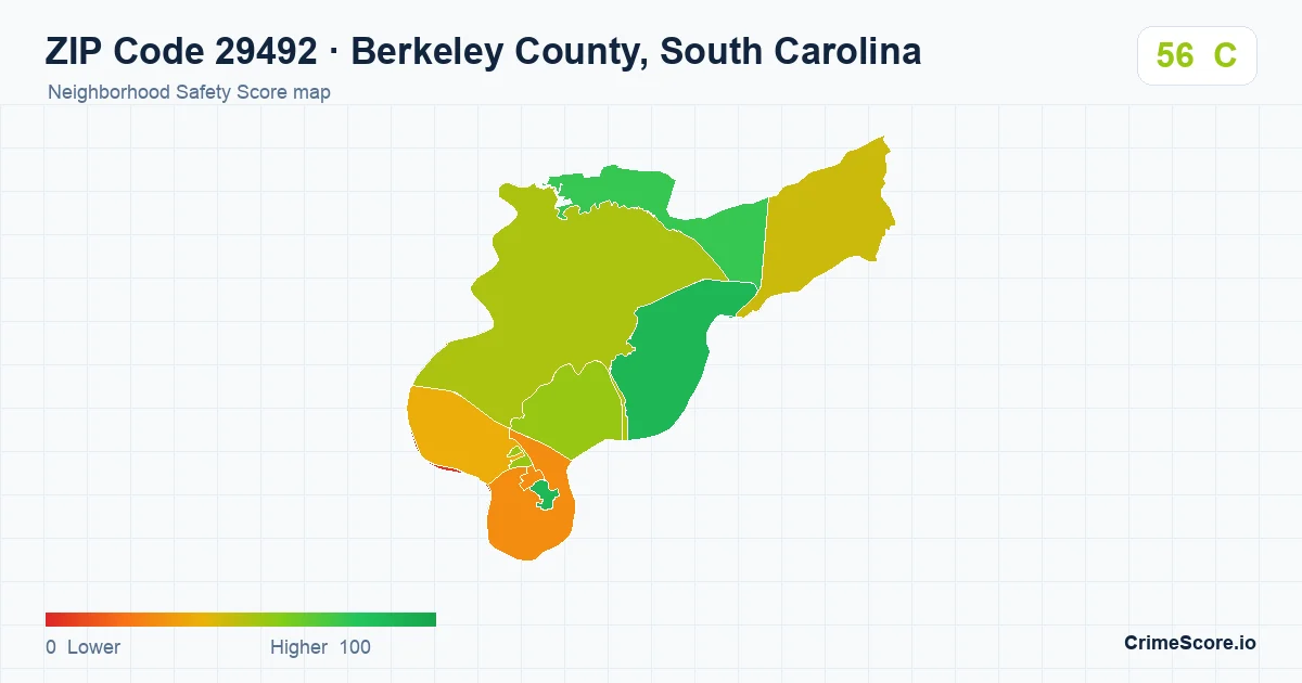 ZIP Code 29492 in Berkeley County, South Carolina neighborhood Safety Score map