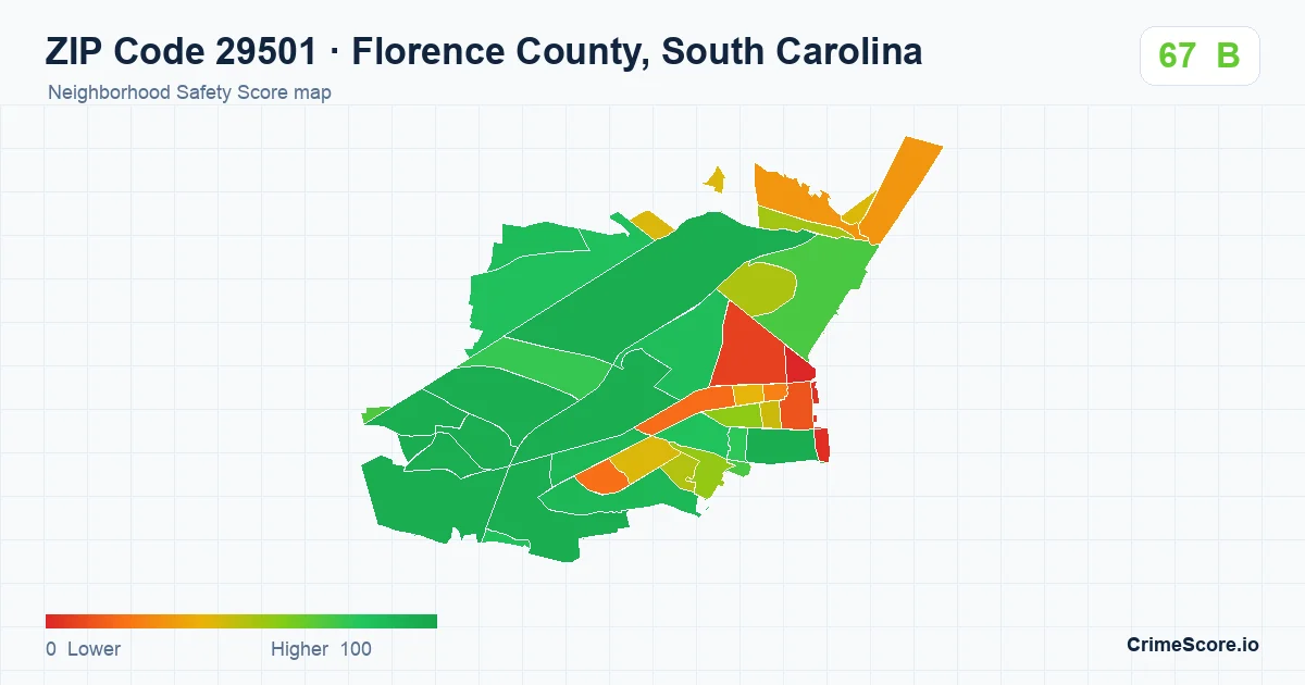 ZIP Code 29501 in Florence County, South Carolina neighborhood Safety Score map