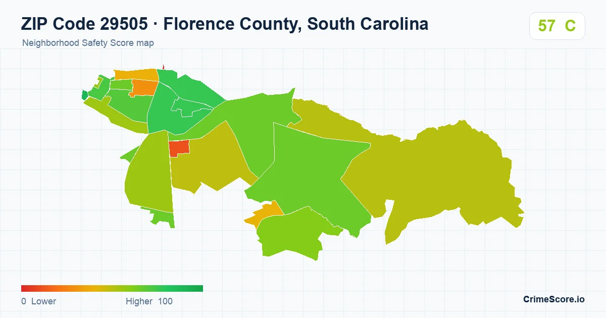 ZIP Code 29505 in Florence County, South Carolina neighborhood Safety Score map