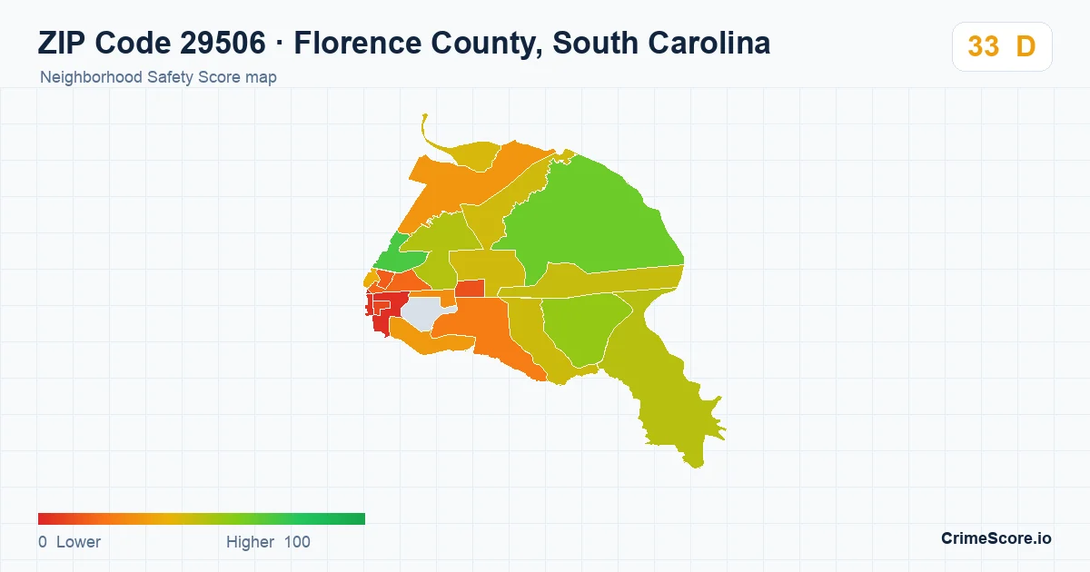ZIP Code 29506 in Florence County, South Carolina neighborhood Safety Score map