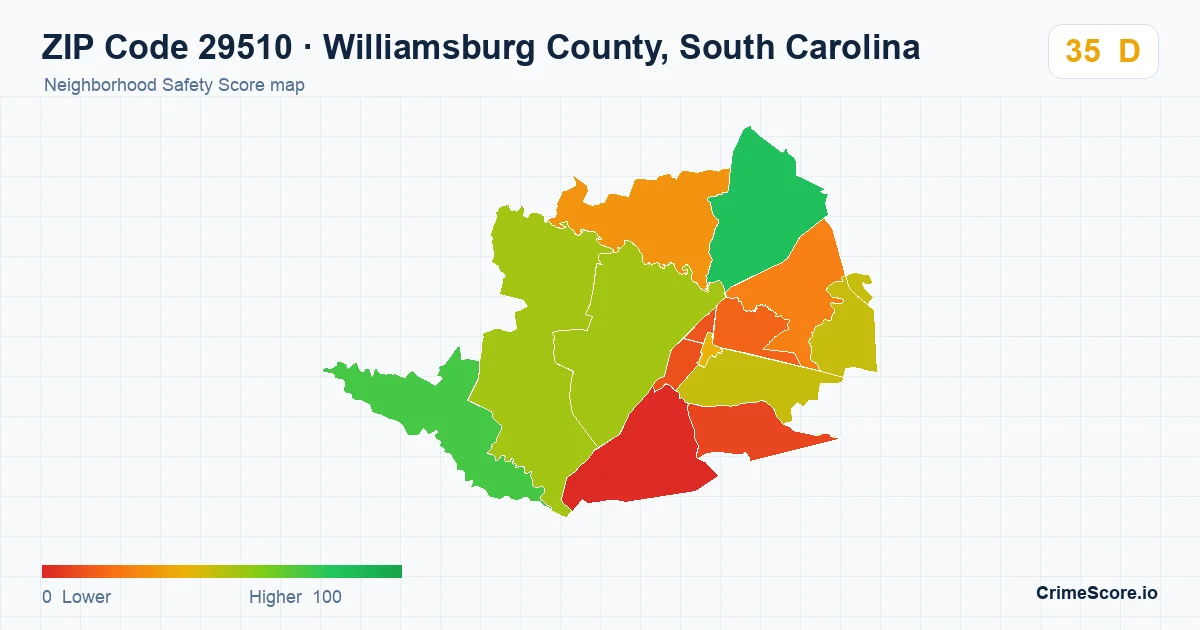 ZIP Code 29510 in Williamsburg County, South Carolina neighborhood Safety Score map