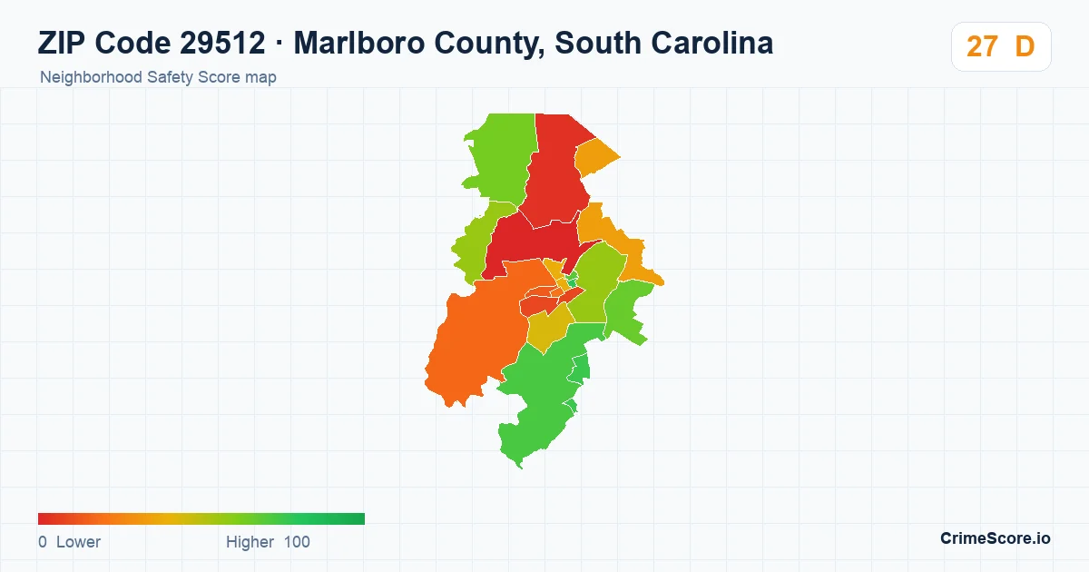 ZIP Code 29512 in Marlboro County, South Carolina neighborhood Safety Score map