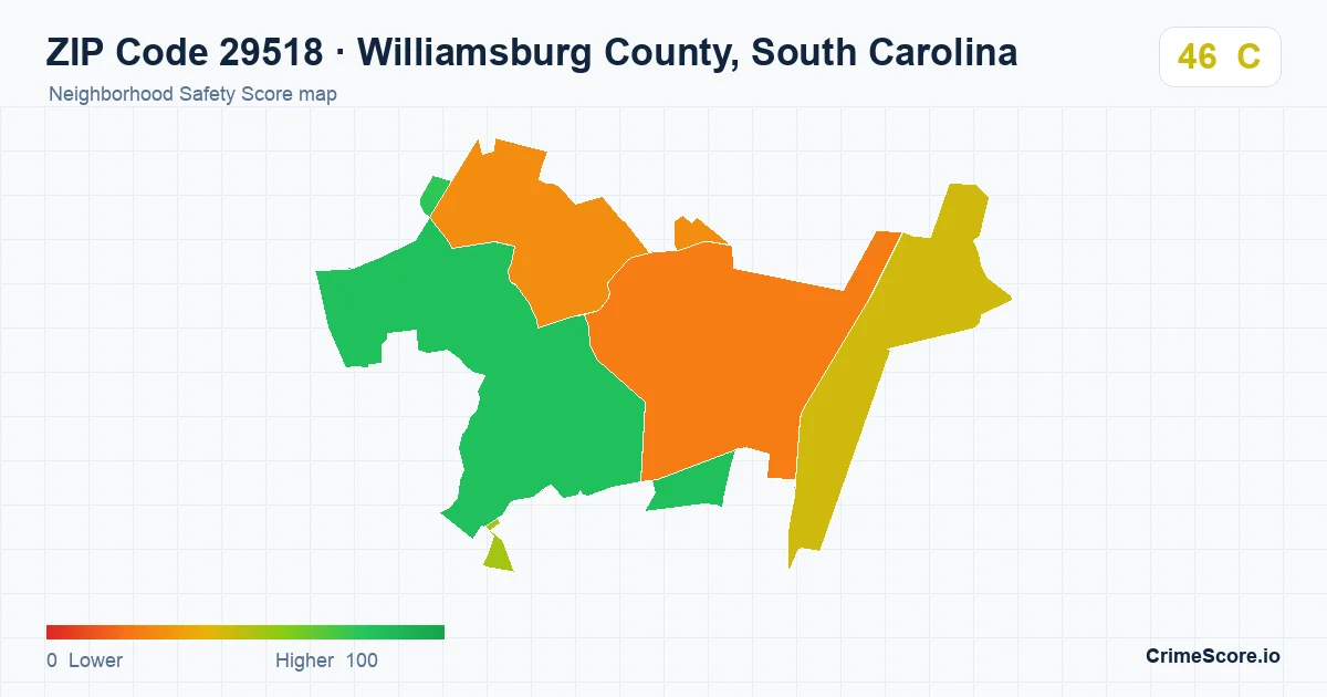 ZIP Code 29518 in Williamsburg County, South Carolina neighborhood Safety Score map