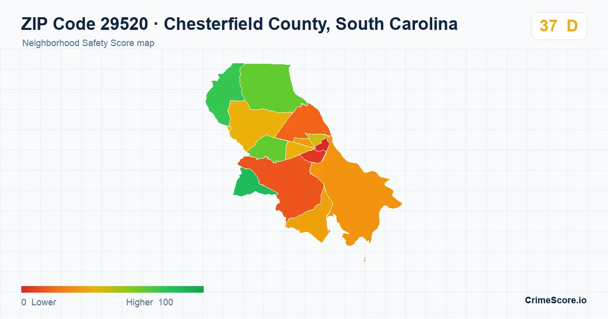 ZIP Code 29520 in Chesterfield County, South Carolina neighborhood Safety Score map