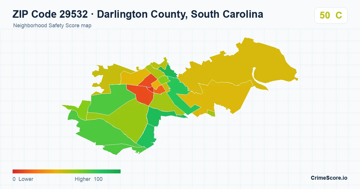 ZIP Code 29532 in Darlington County, South Carolina neighborhood Safety Score map