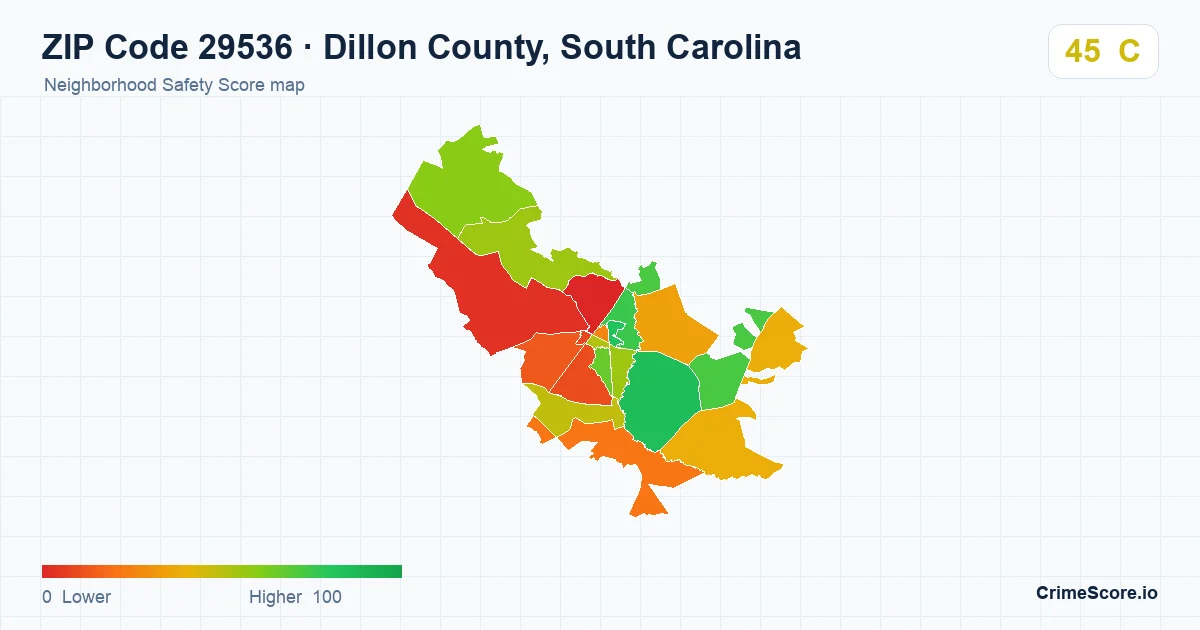 ZIP Code 29536 in Dillon County, South Carolina neighborhood Safety Score map