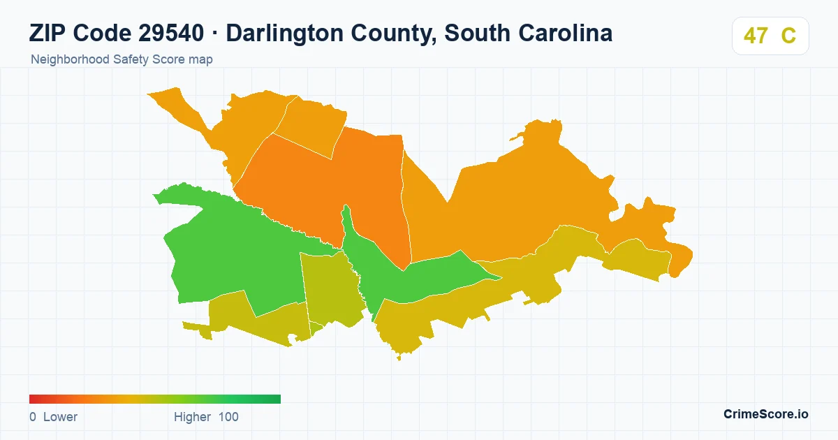 ZIP Code 29540 in Darlington County, South Carolina neighborhood Safety Score map