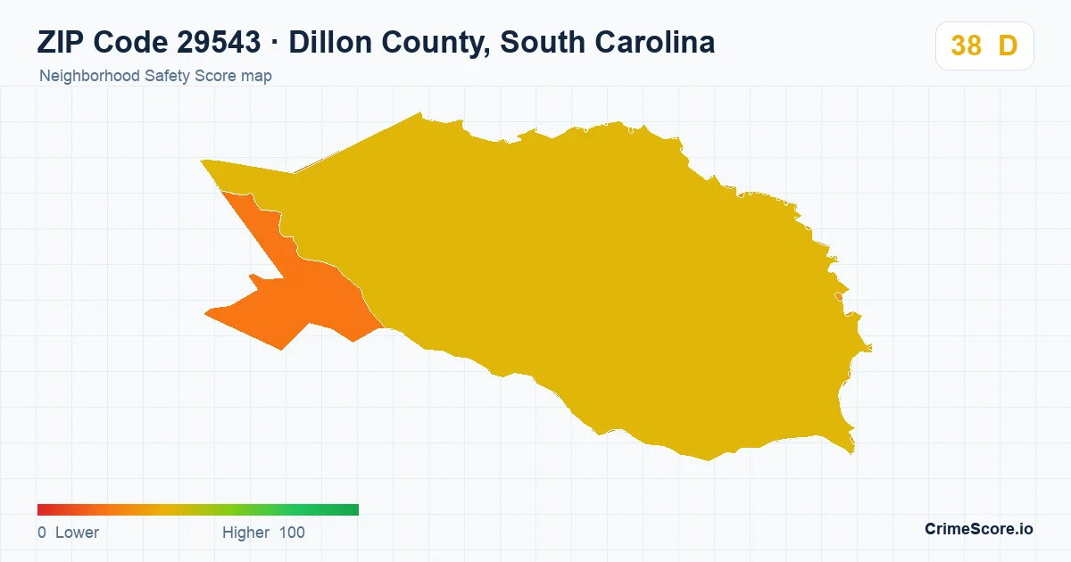 ZIP Code 29543 in Dillon County, South Carolina neighborhood Safety Score map