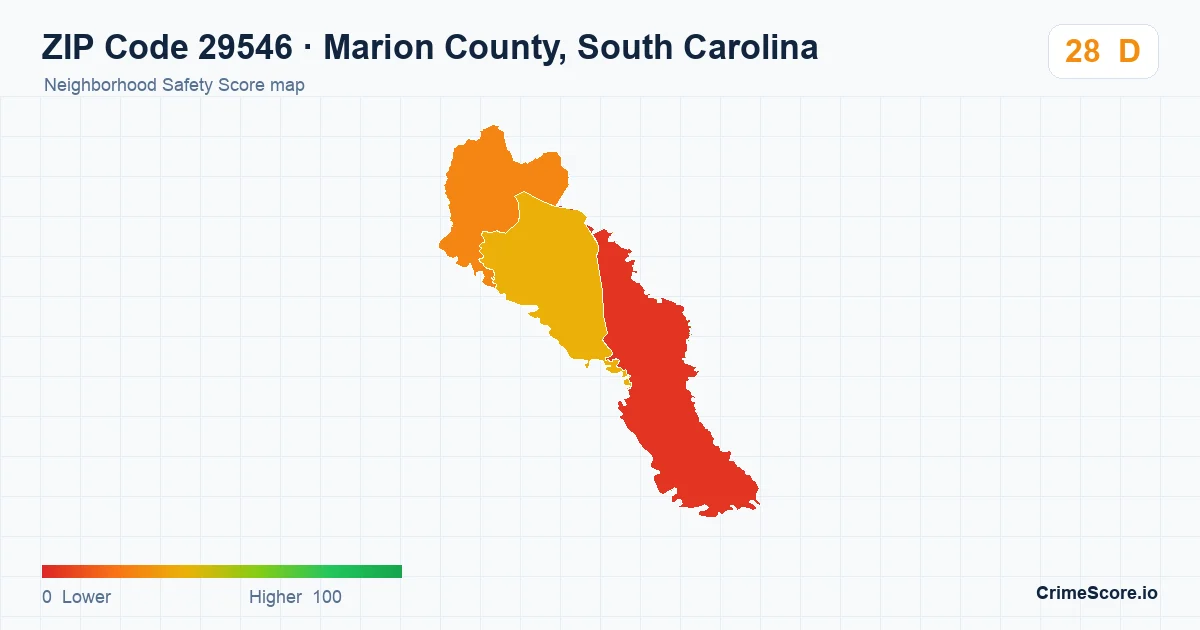 ZIP Code 29546 in Marion County, South Carolina neighborhood Safety Score map
