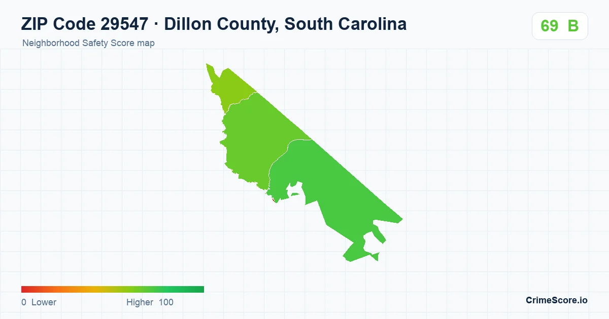 ZIP Code 29547 in Dillon County, South Carolina neighborhood Safety Score map