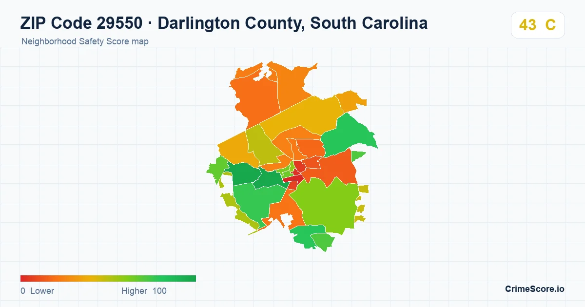 ZIP Code 29550 in Darlington County, South Carolina neighborhood Safety Score map