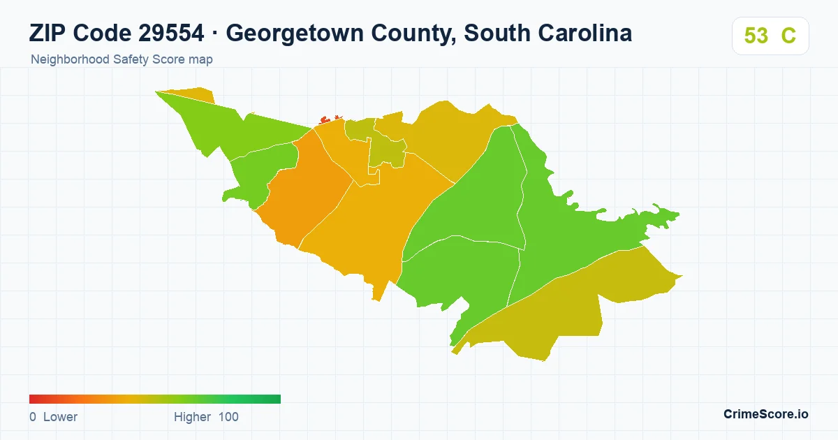 ZIP Code 29554 in Georgetown County, South Carolina neighborhood Safety Score map