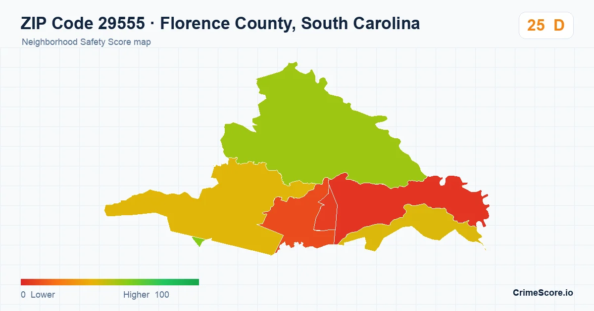 ZIP Code 29555 in Florence County, South Carolina neighborhood Safety Score map
