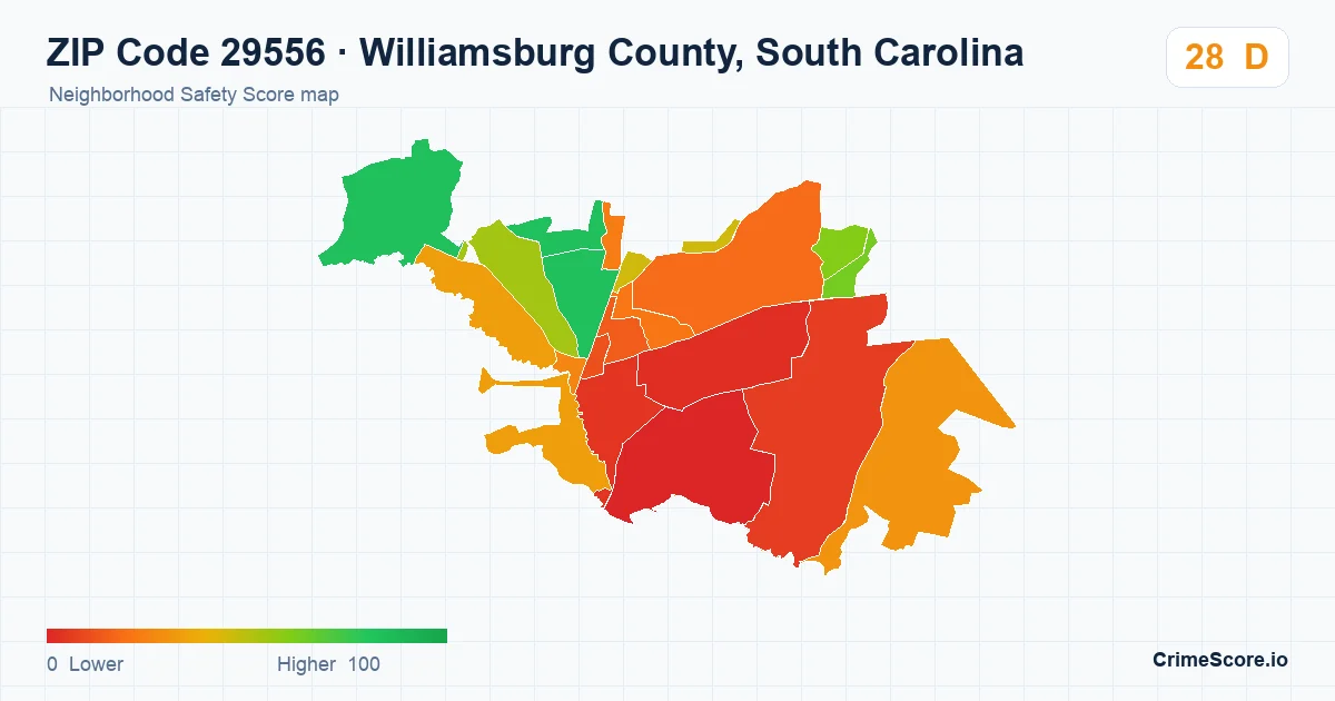 ZIP Code 29556 in Williamsburg County, South Carolina neighborhood Safety Score map