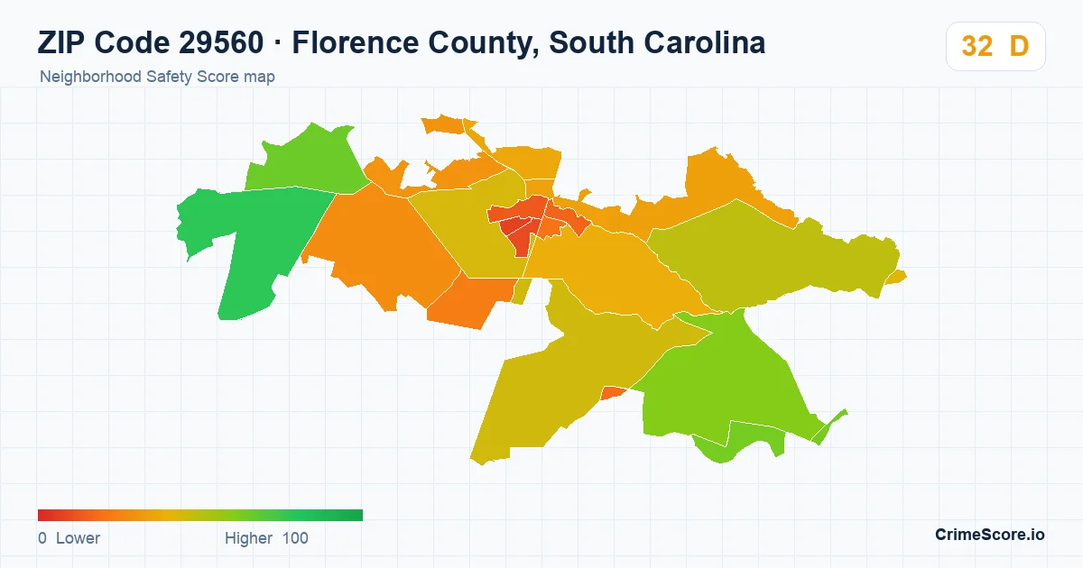 ZIP Code 29560 in Florence County, South Carolina neighborhood Safety Score map