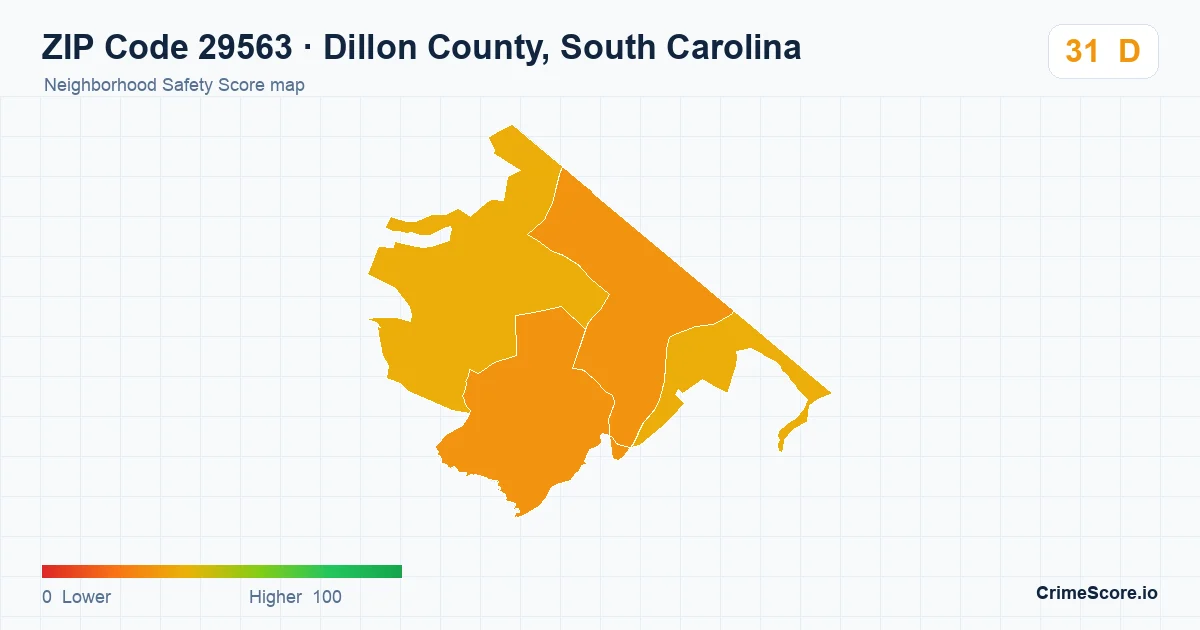 ZIP Code 29563 in Dillon County, South Carolina neighborhood Safety Score map