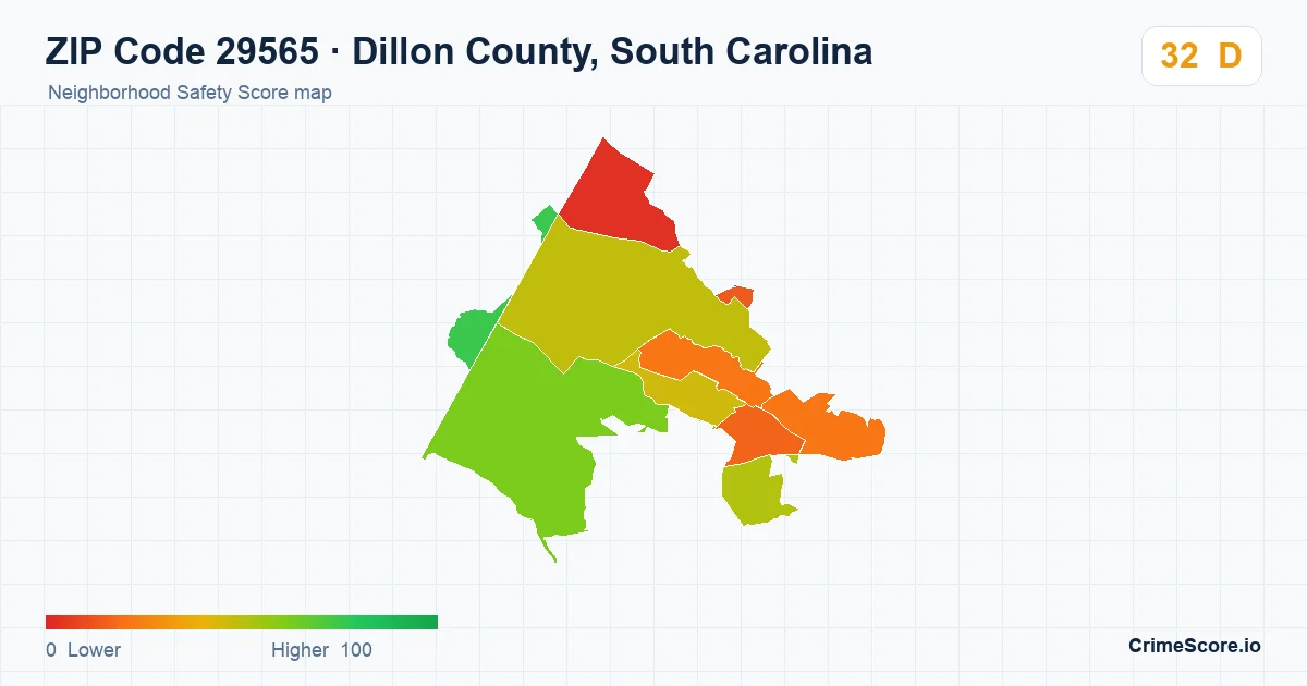 ZIP Code 29565 in Dillon County, South Carolina neighborhood Safety Score map