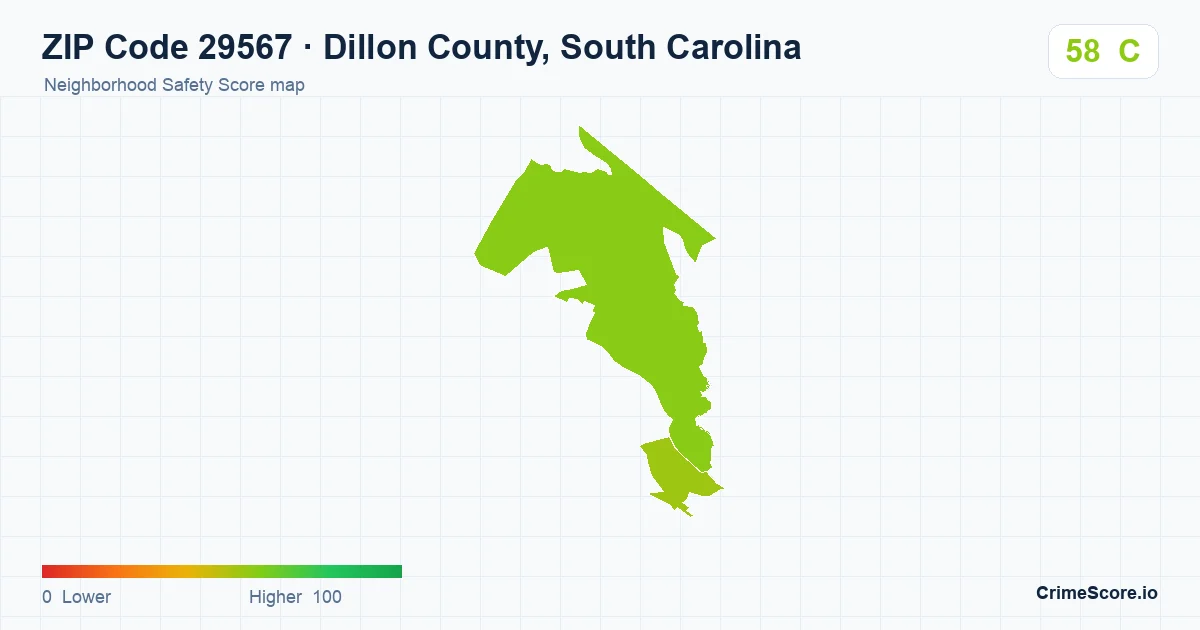 ZIP Code 29567 in Dillon County, South Carolina neighborhood Safety Score map