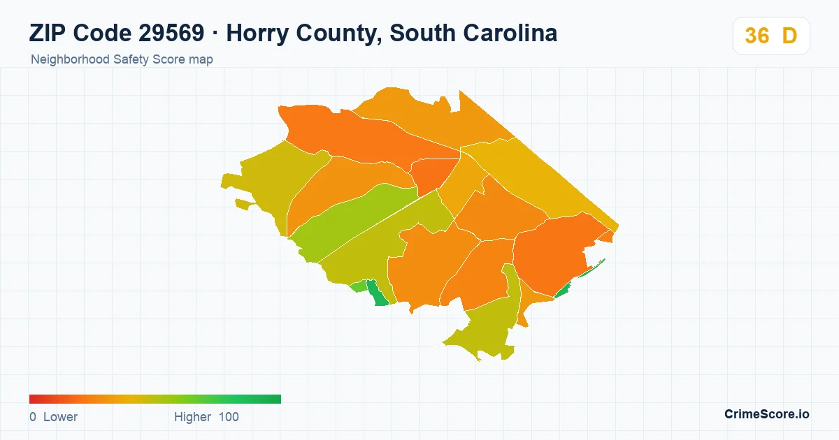 ZIP Code 29569 in Horry County, South Carolina neighborhood Safety Score map