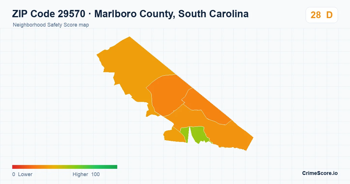 ZIP Code 29570 in Marlboro County, South Carolina neighborhood Safety Score map
