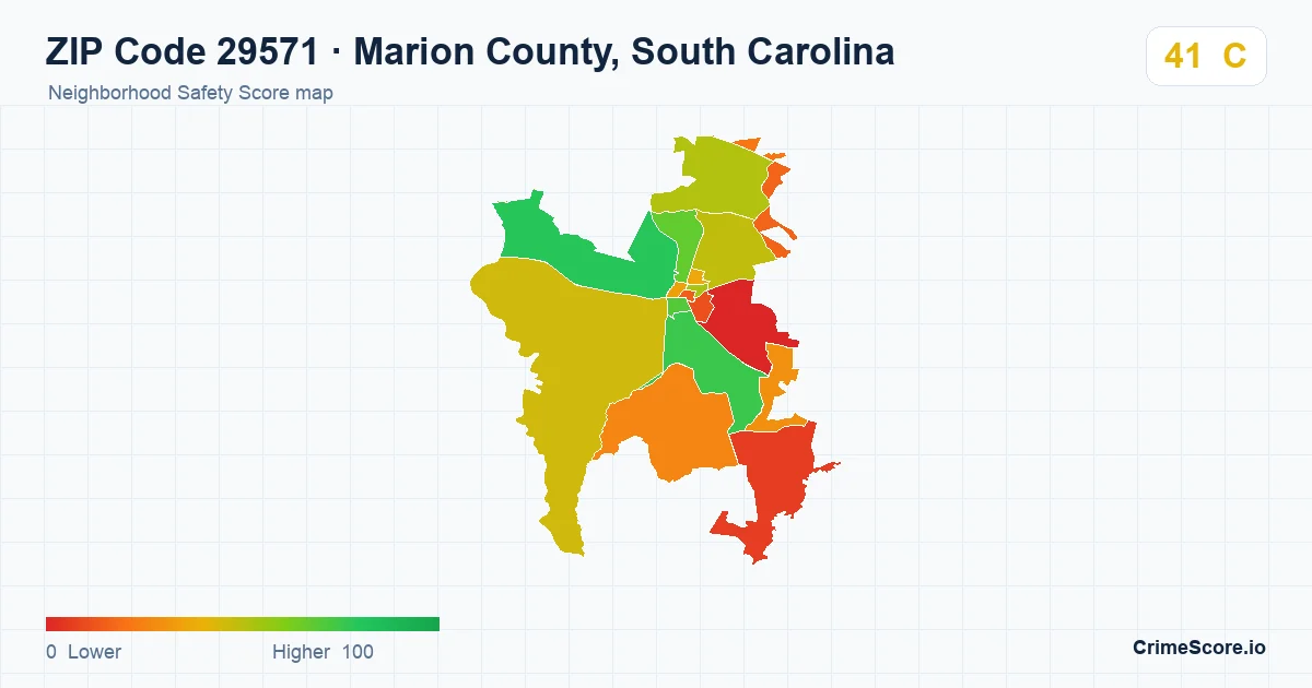 ZIP Code 29571 in Marion County, South Carolina neighborhood Safety Score map