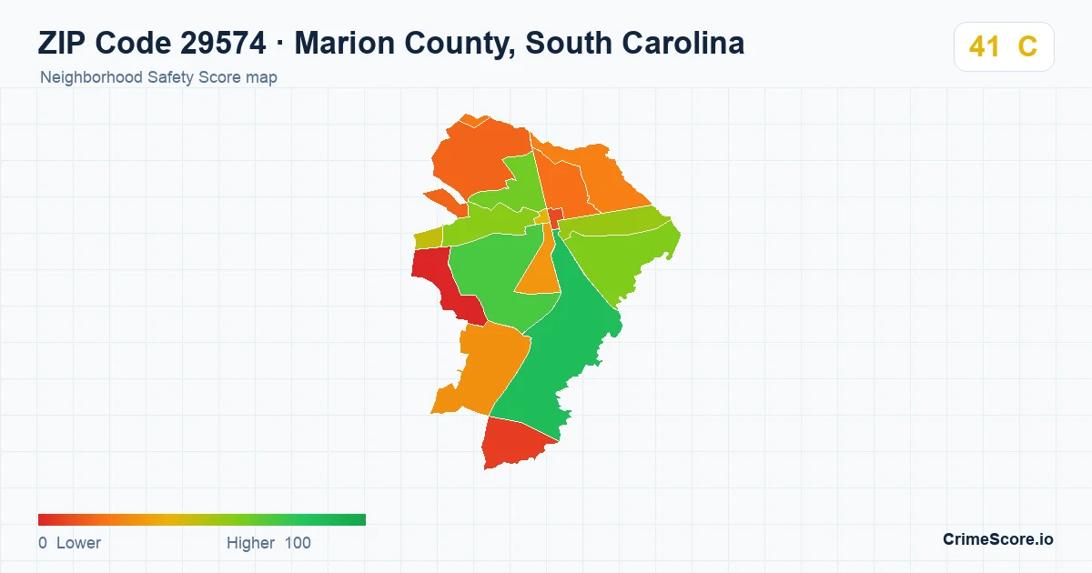 ZIP Code 29574 in Marion County, South Carolina neighborhood Safety Score map