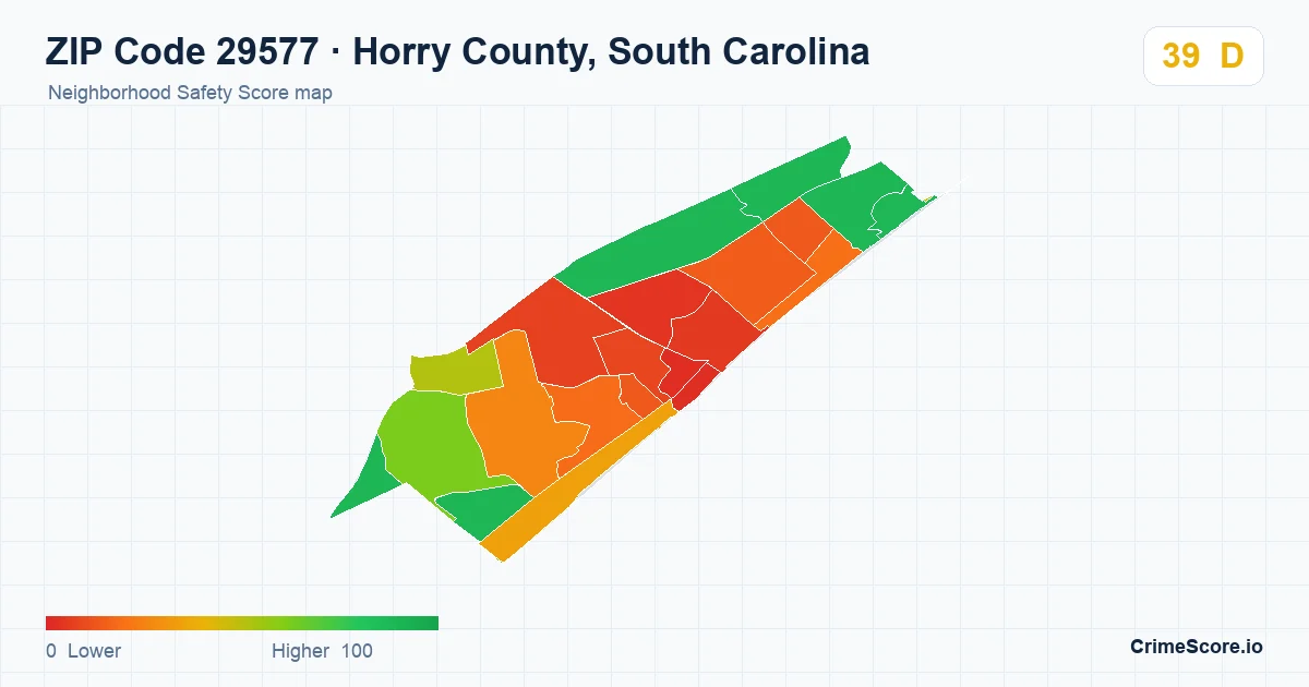 ZIP Code 29577 in Horry County, South Carolina neighborhood Safety Score map