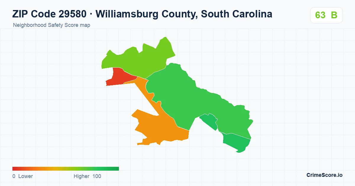 ZIP Code 29580 in Williamsburg County, South Carolina neighborhood Safety Score map