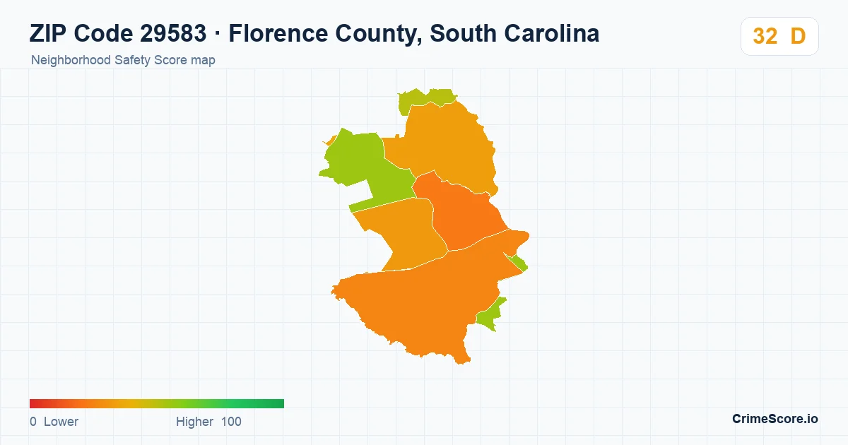 ZIP Code 29583 in Florence County, South Carolina neighborhood Safety Score map