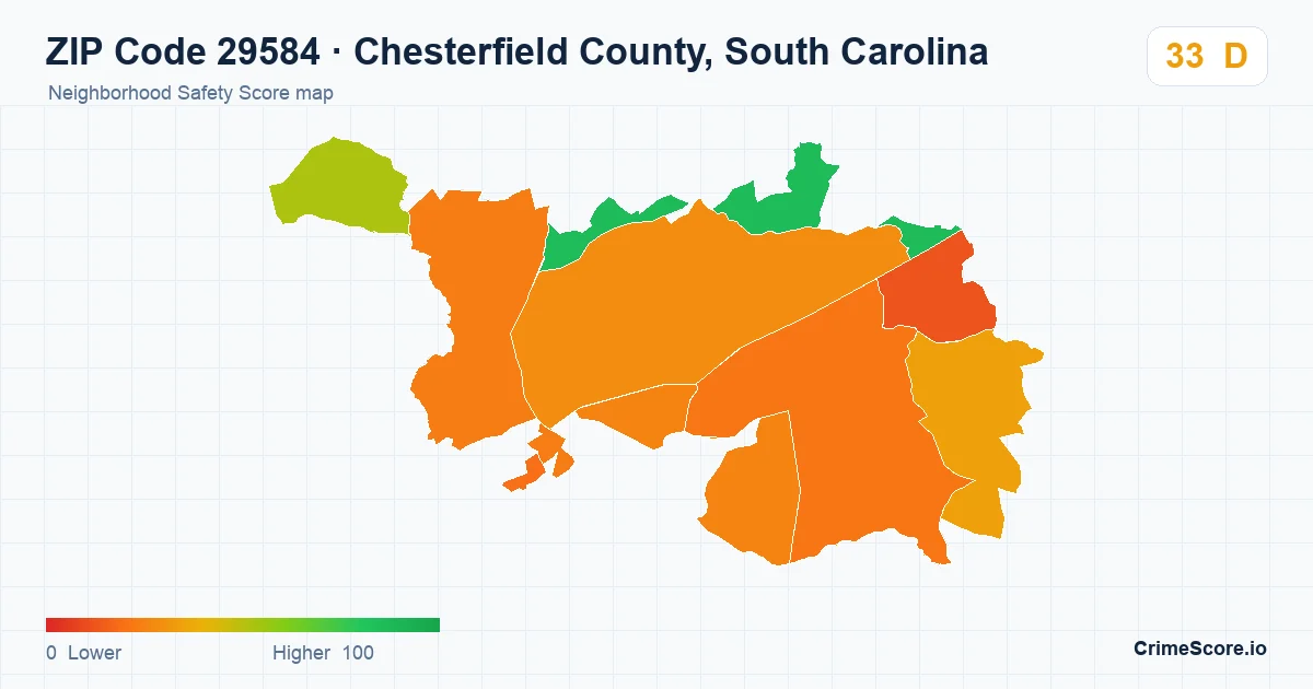 ZIP Code 29584 in Chesterfield County, South Carolina neighborhood Safety Score map