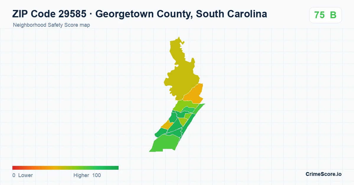 ZIP Code 29585 in Georgetown County, South Carolina neighborhood Safety Score map