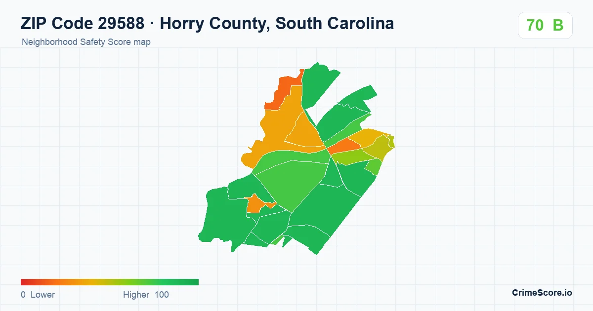 ZIP Code 29588 in Horry County, South Carolina neighborhood Safety Score map