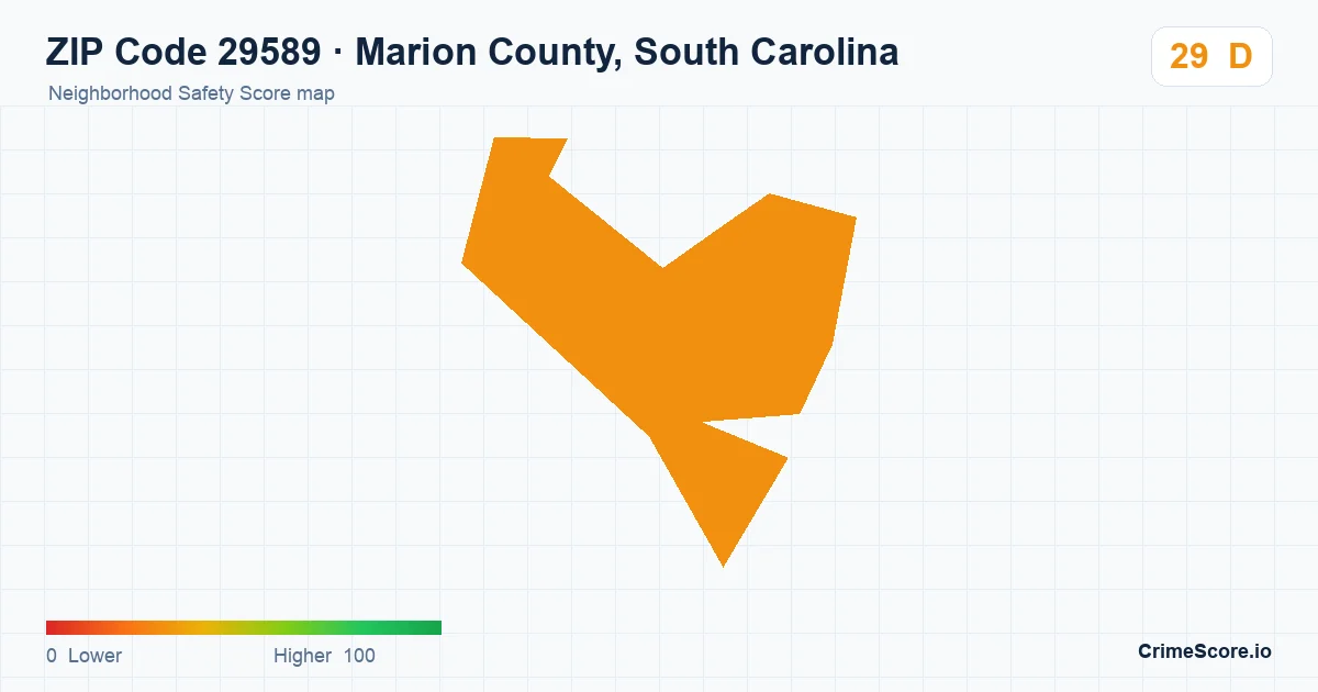 ZIP Code 29589 in Marion County, South Carolina neighborhood Safety Score map