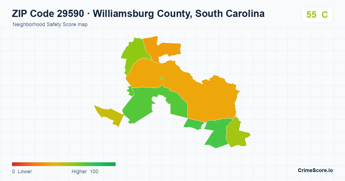 ZIP Code 29590 in Williamsburg County, South Carolina neighborhood Safety Score map