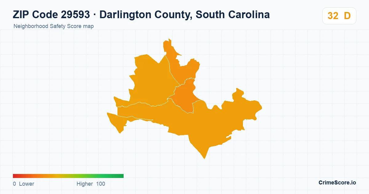 ZIP Code 29593 in Darlington County, South Carolina neighborhood Safety Score map